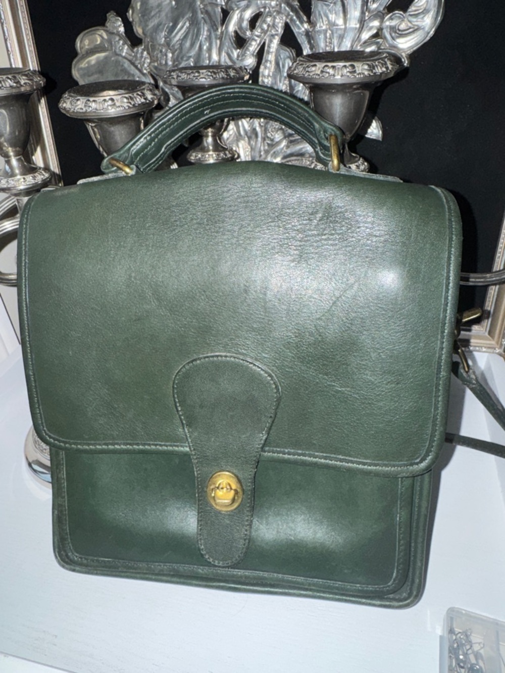 Coach Dark Green Leather Satchel with Top Handle and Crossbody Strap - Picture 3 of 9